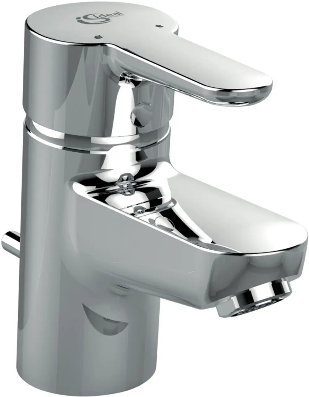 Waschtischarmatur aus verchromtem Metall mit einem Hebel zur Steuerung des Wasserflusses. Ideal Standard Logo an der Oberseite sichtbar.